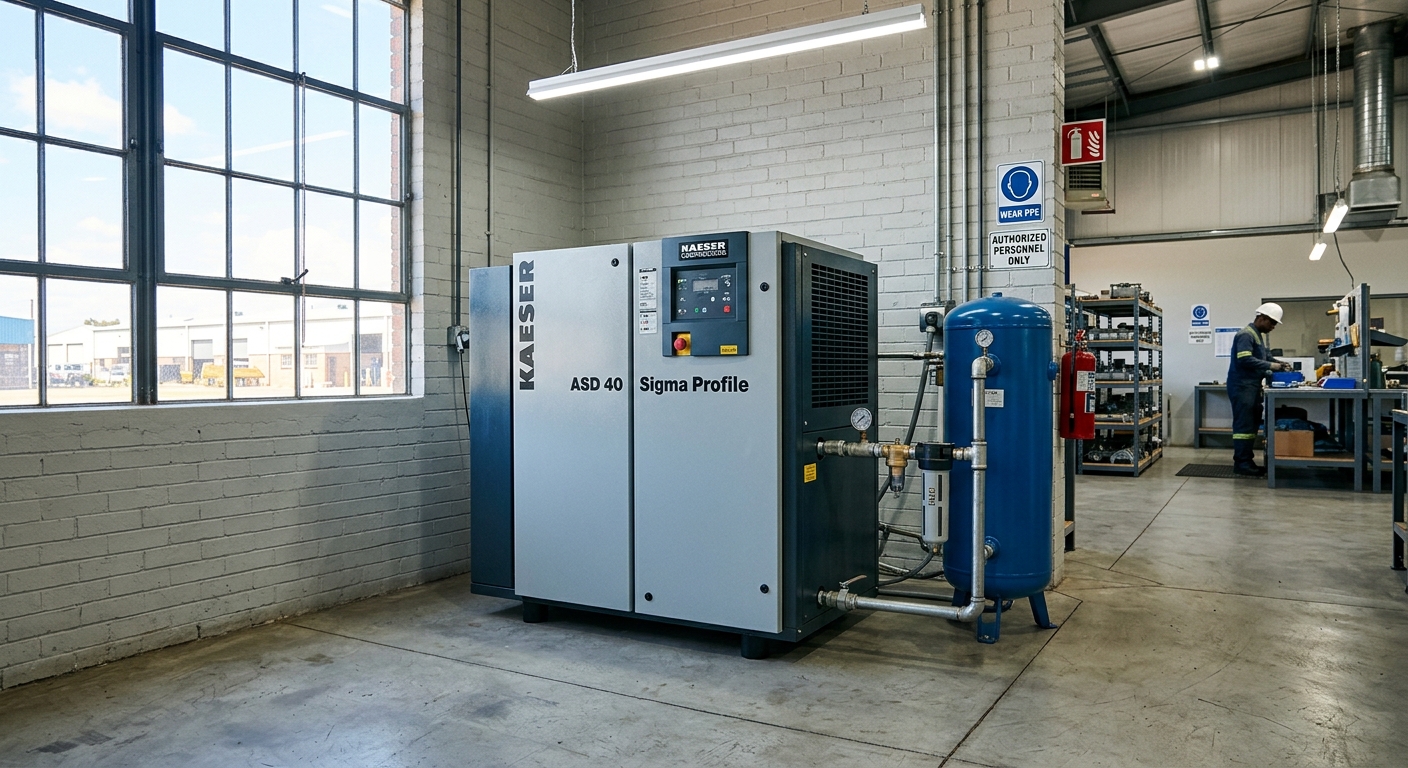 מדחס אוויר תעשייתי מדגם Kaeser ASD 40 מחובר למיכל אגירת אוויר כחול בתוך סדנת עבודה מוארת